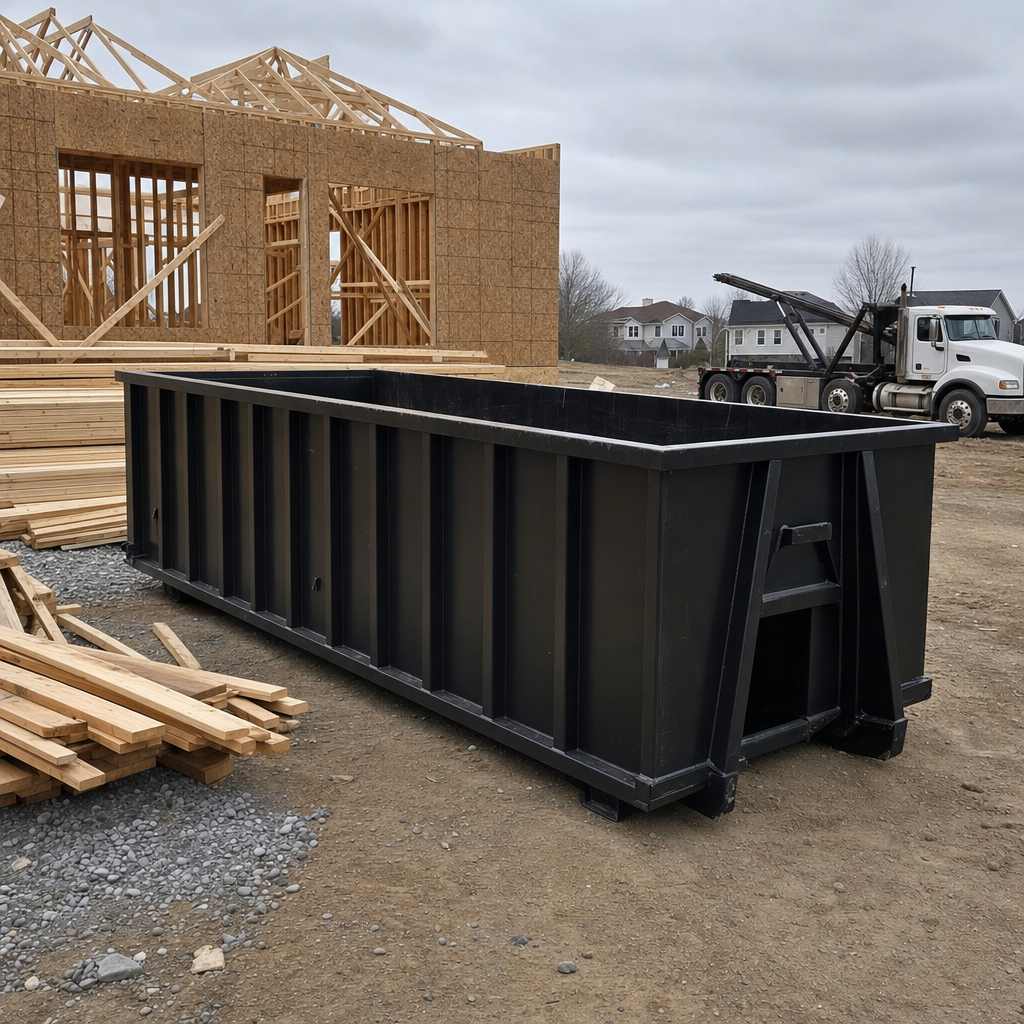 Matte-black 40-yard roll-off dumpster staged on a framed-out residential construction site in Kissimmee, framing lumber stacked nearby, hooklift delivery truck visible in the background under bright Colorado daylight