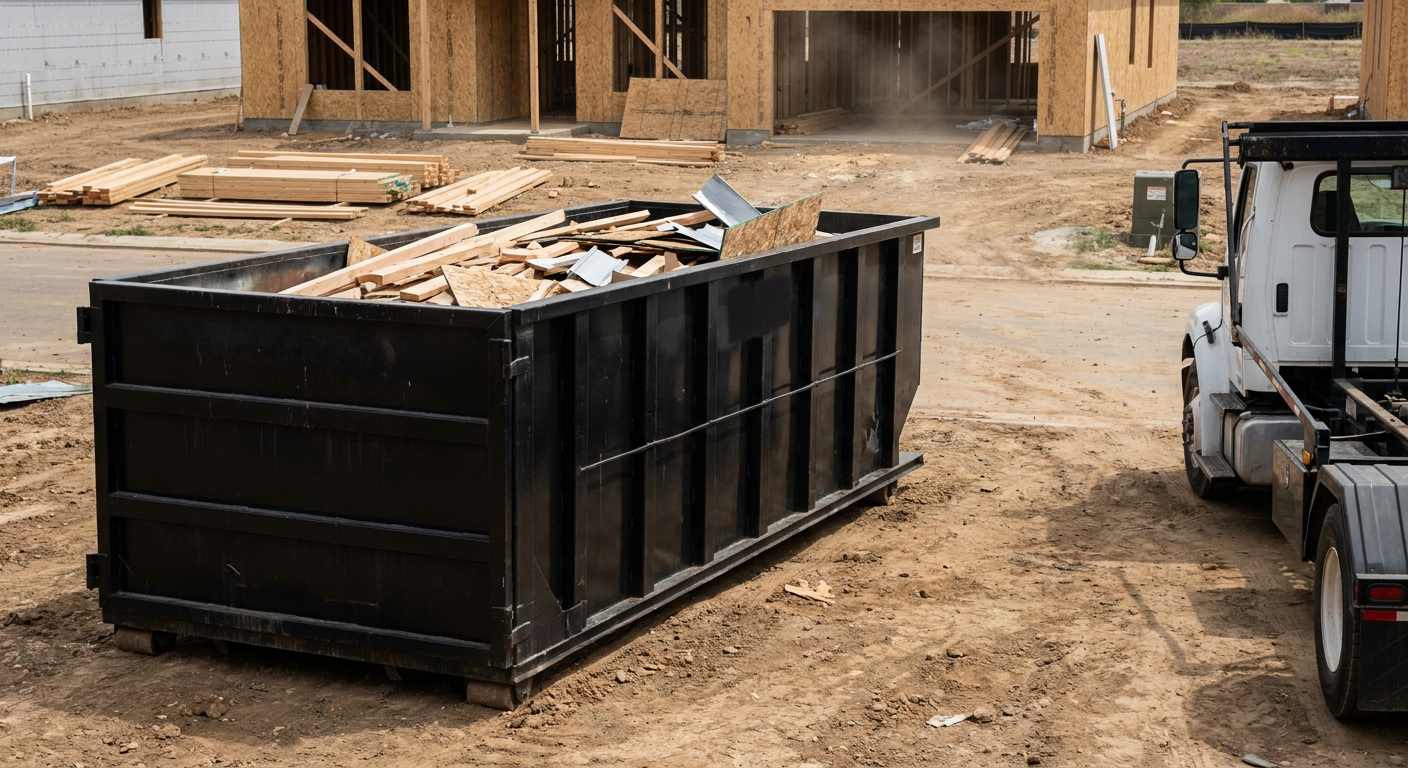 Matte-black 20-yard roll-off construction dumpster with heavy ribbed steel sidewalls and swing rear doors at a working jobsite in Kissimmee, sitting directly on compacted dirt with an unmarked white hauler partially visible at the far edge of the frame.