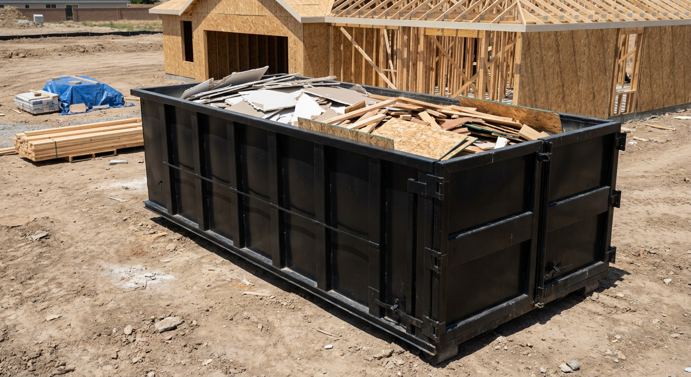 Matte-black 30-yard roll-off construction dumpster sitting directly on the compacted-dirt site of a framed single-family home build in Kissimmee, drywall and lumber scrap loaded inside.