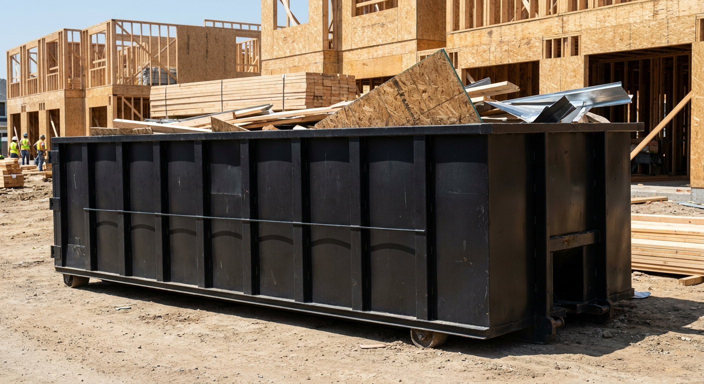 Matte-black 40-yard roll-off construction dumpster being lowered from a white-cab hooklift delivery truck onto the compacted-dirt jobsite at a commercial build site in Kissimmee