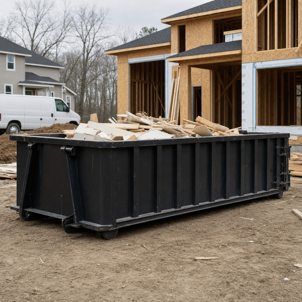 Worker in a yellow high-visibility vest tossing framing lumber and broken drywall into a matte-black 30-yard construction roll-off dumpster on an active build site in Kissimmee, bright daylight