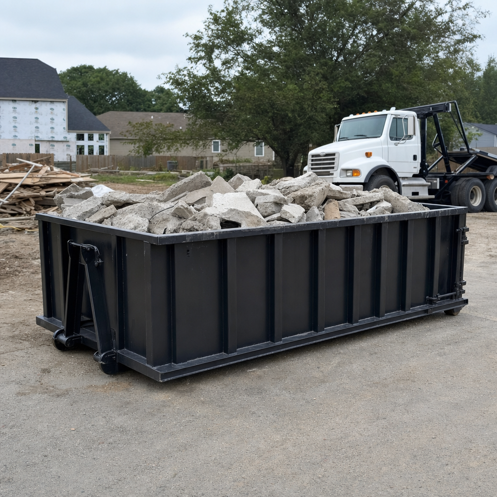 Low-profile matte-black lowboy roll-off dumpster loaded with broken concrete slab and rebar at a foundation tear-out in Kissimmee, skid steer parked beside it, sunny Colorado morning