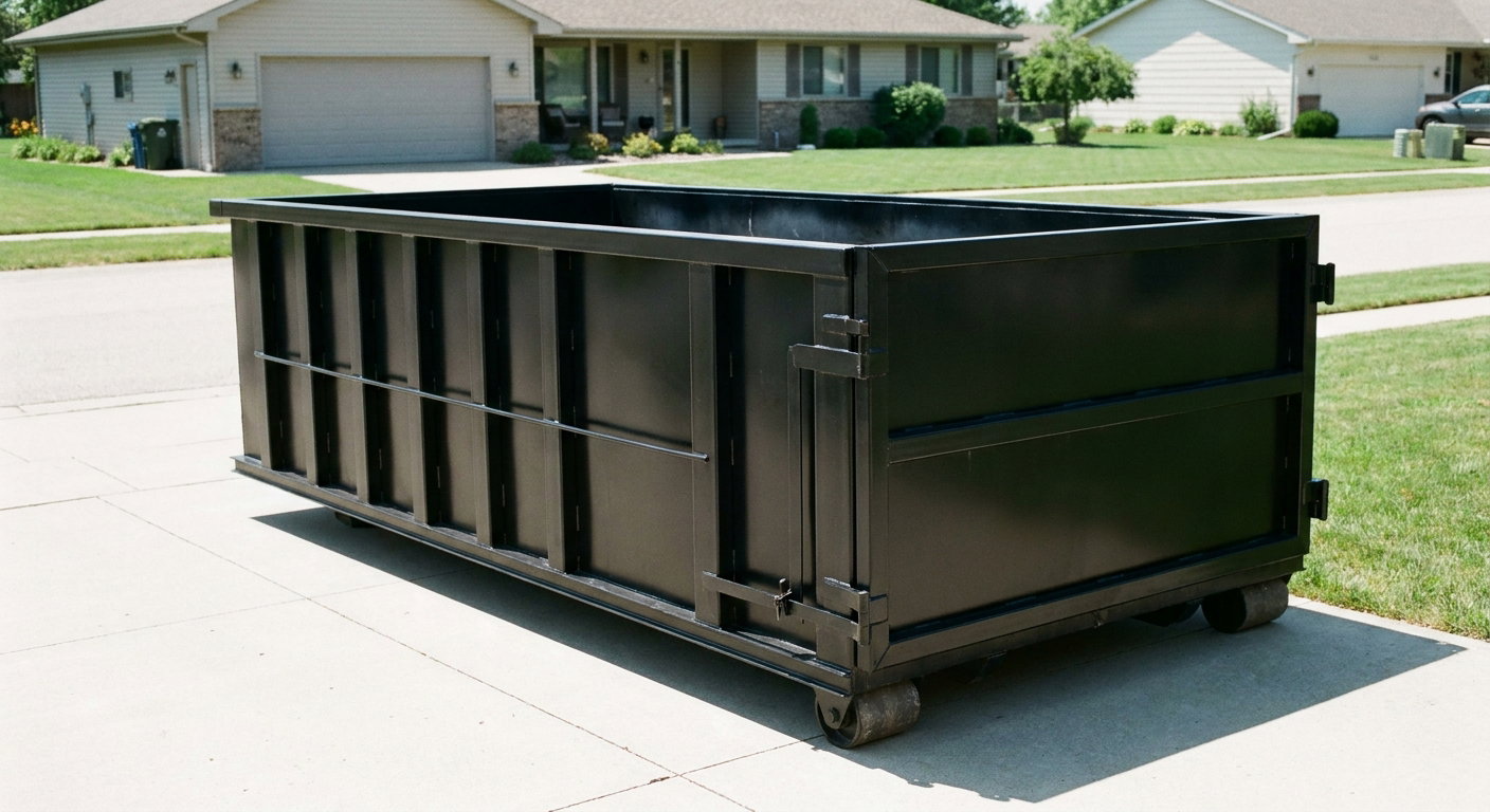 Matte-black 10-yard roll-off dumpster on a residential concrete driveway in Kissimmee, uniformly painted matte black across every panel and rail, ribbed steel sidewalls and rear swing door visible, mid-day daylight.