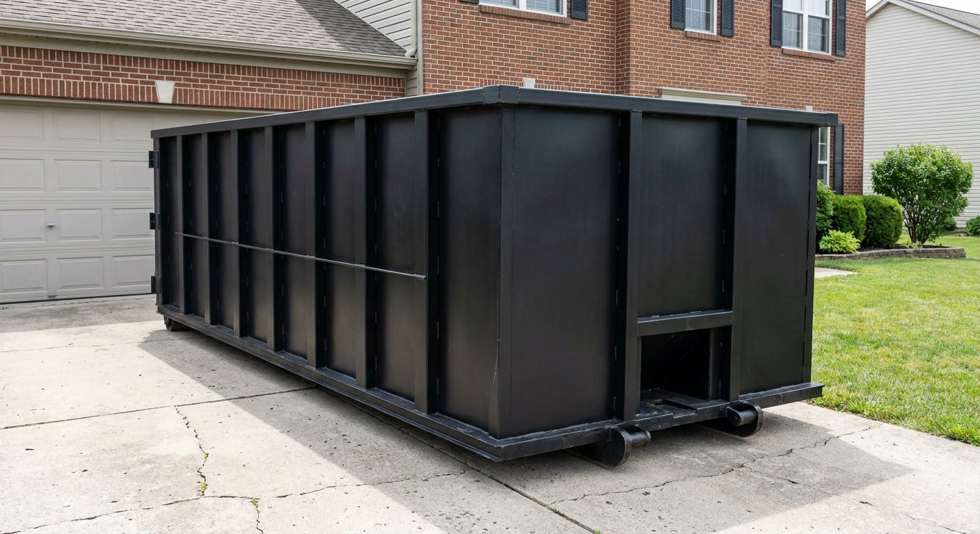 Matte-black 20-yard roll-off container on a Kissimmee residential concrete driveway with reinforced ribbed steel sidewalls and a hinged rear walk-in door, clean bright daylight.