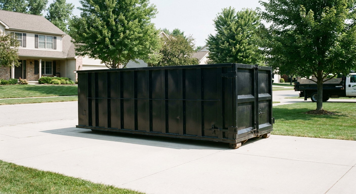 Matte-black 20-yard roll-off dumpster sitting level on a clean Kissimmee residential concrete driveway under bright daylight, demonstrating clean placement directly on the concrete.