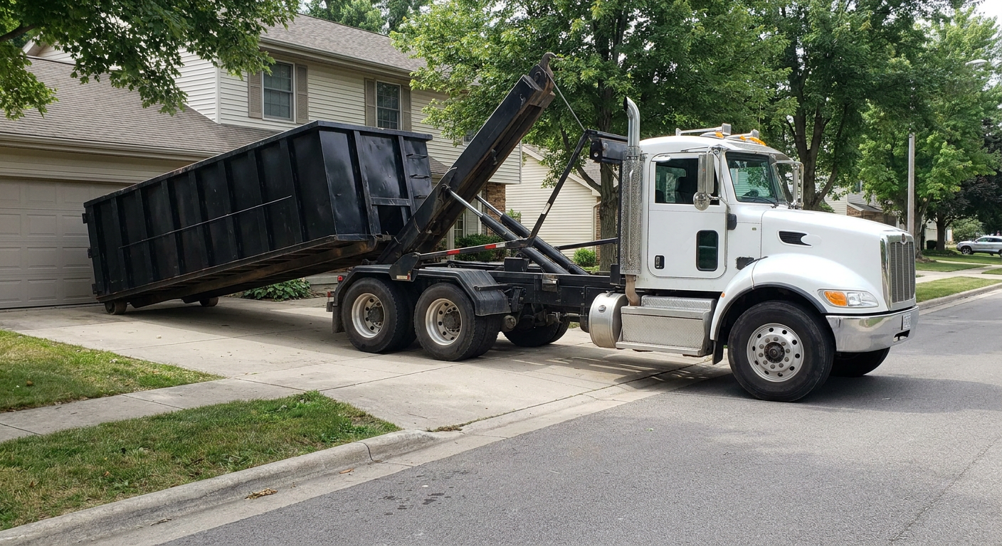 White-cab hooklift roll-off truck actively lowering a matte-black dumpster onto a Kissimmee residential concrete driveway, the dumpster's rear wheels touching the driveway as the hoist arm tilts the bed forward, mid-morning daylight.