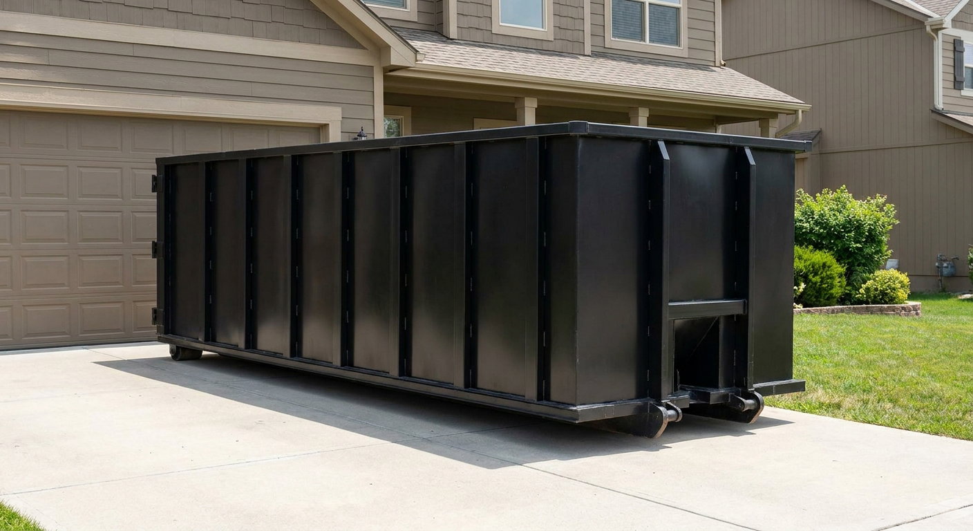 Matte-black residential roll-off dumpster sitting directly on a suburban Kissimmee concrete driveway, garage door closed, single-family home in background, bright morning daylight.