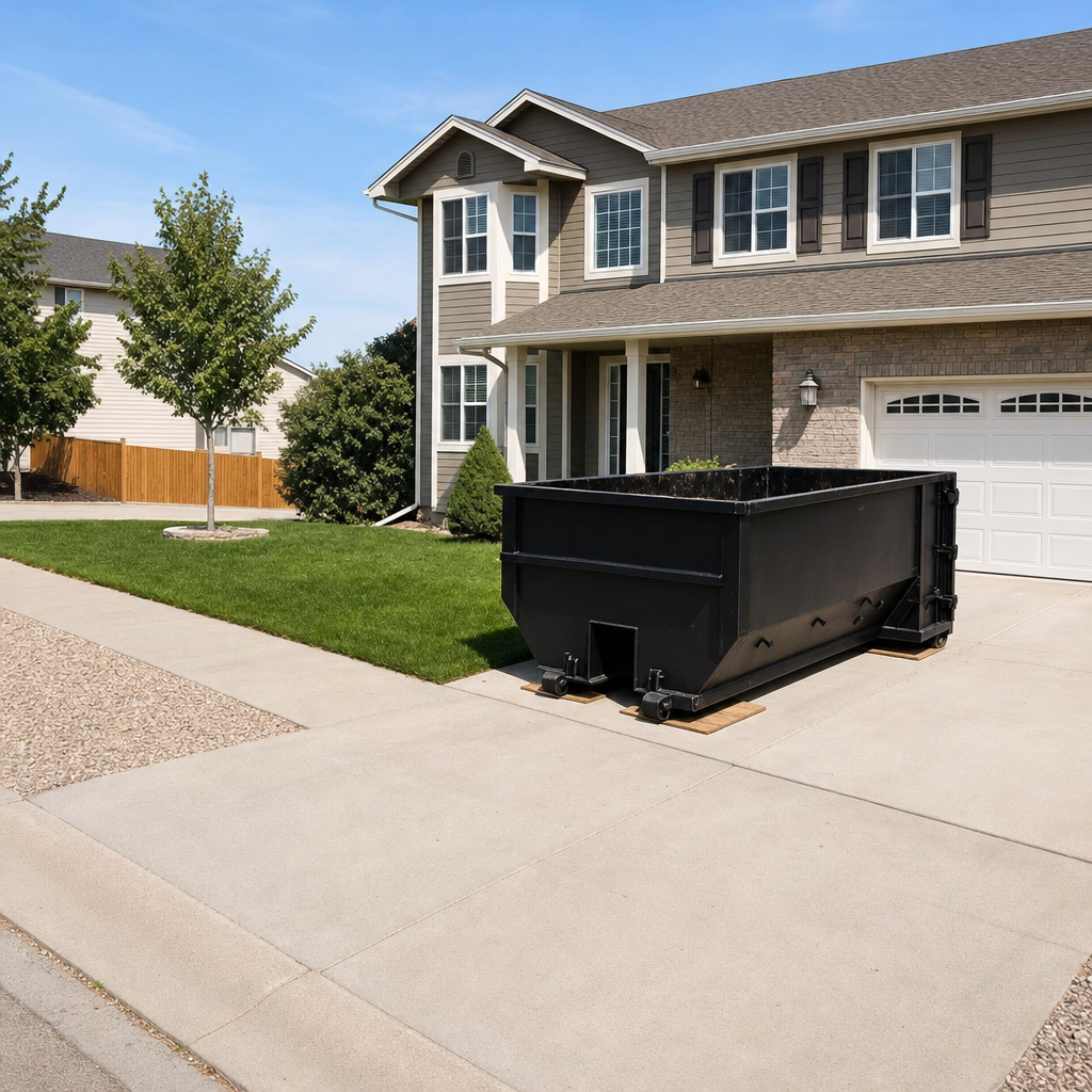10-yard matte-black residential dumpster placed directly on a narrow Kissimmee concrete driveway, room remains for a parked sedan beside it, mid-morning natural light