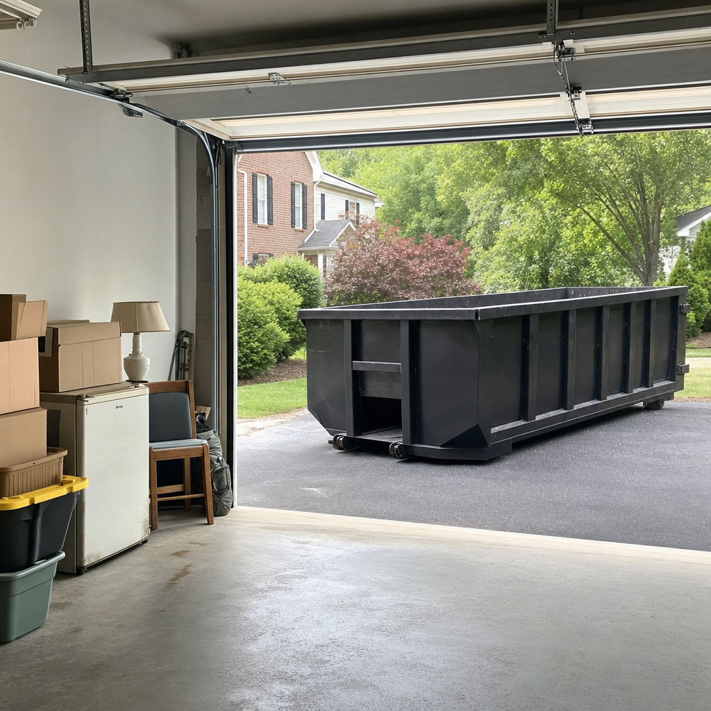 Open garage interior in a Kissimmee home mid-cleanout — boxed items, an old appliance, and stacked yard tools queued near the driveway for a matte-black roll-off dumpster, organized and calm