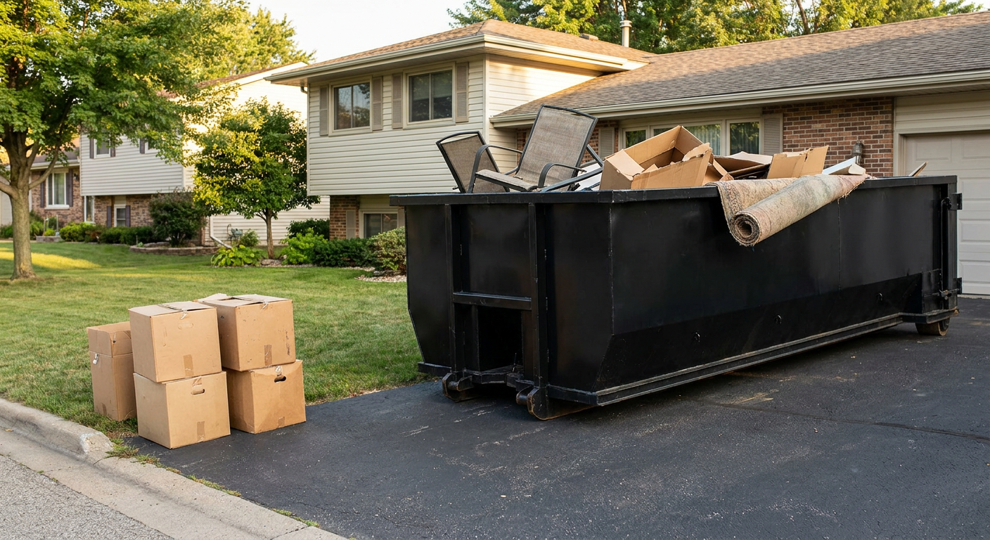 Front-yard view of a Kissimmee split-level home with a 20-yard matte-black roll-off dumpster sitting directly on the asphalt driveway, a few clearly labeled donation boxes staged at the curb, calm sunny afternoon.