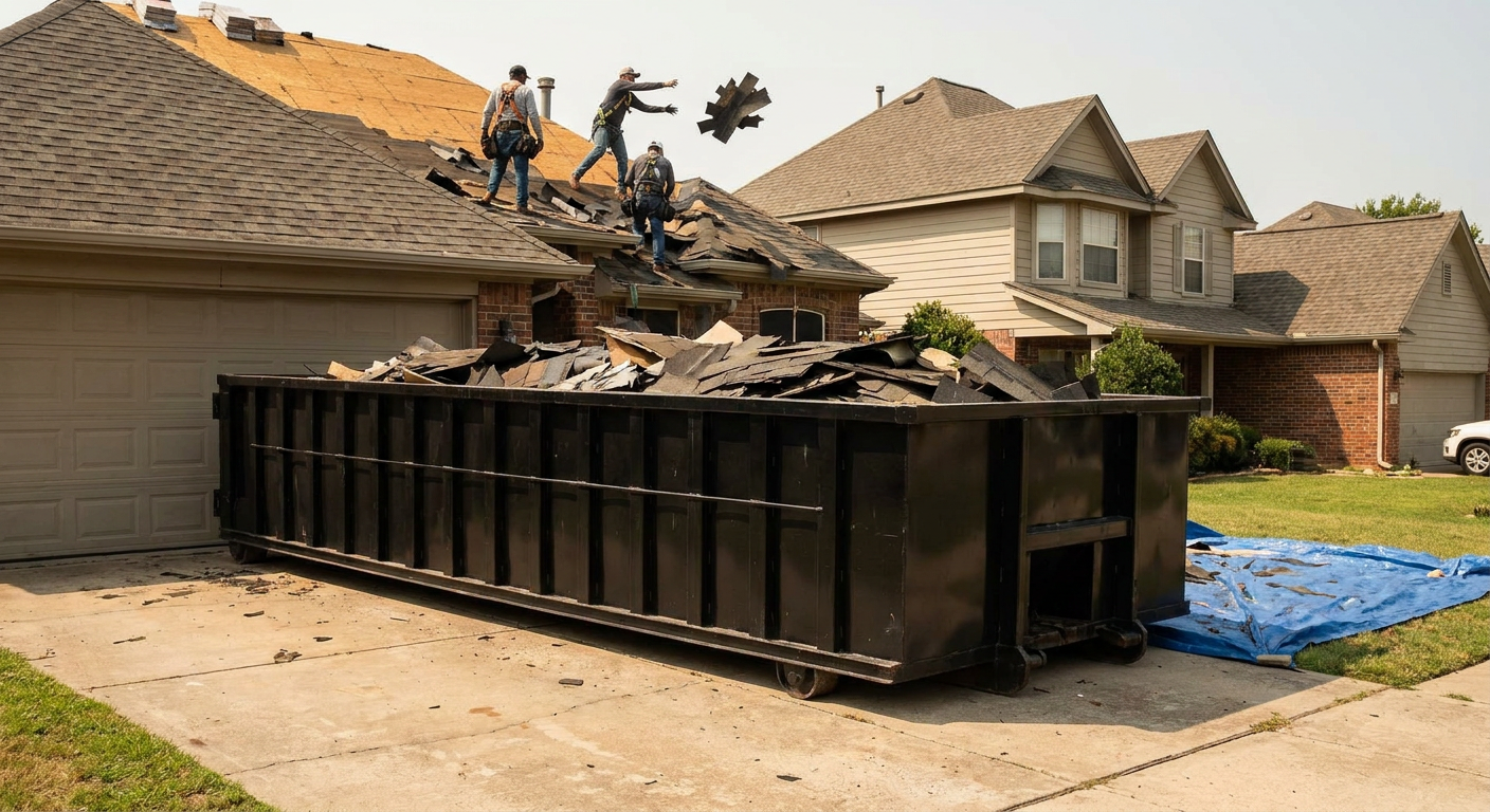 Matte-black roofing roll-off dumpster placed directly on a Kissimmee residential concrete driveway, a tear-off crew on a two-story asphalt-shingle roof tossing shingle bundles into the low-walled container, bright daylight, documentary 35mm perspective.