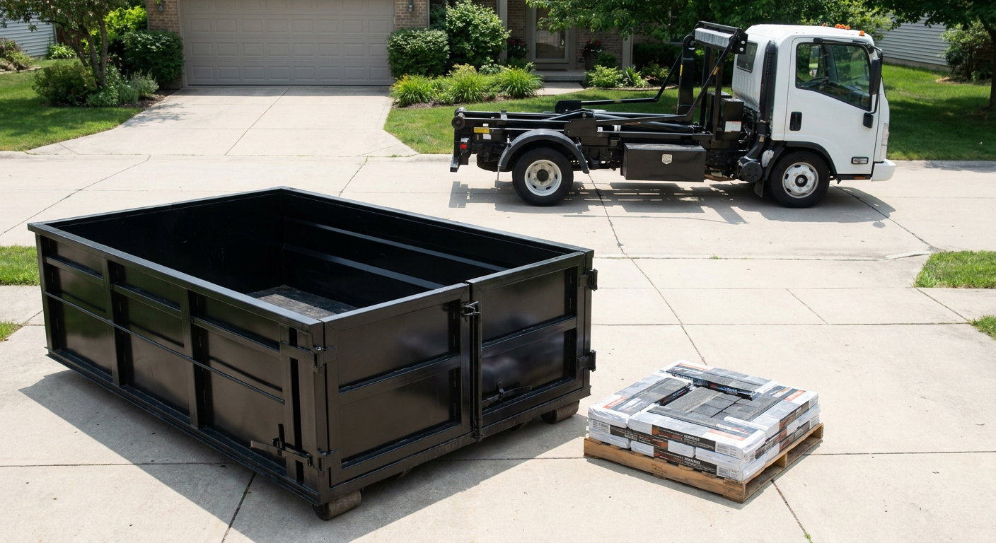 Matte-black 15-yard roofing roll-off dumpster with reinforced low side walls sitting directly on a Kissimmee residential concrete driveway, three-tab asphalt shingle bundles stacked nearby, an unmarked white hauler truck partially visible at the edge of the frame.