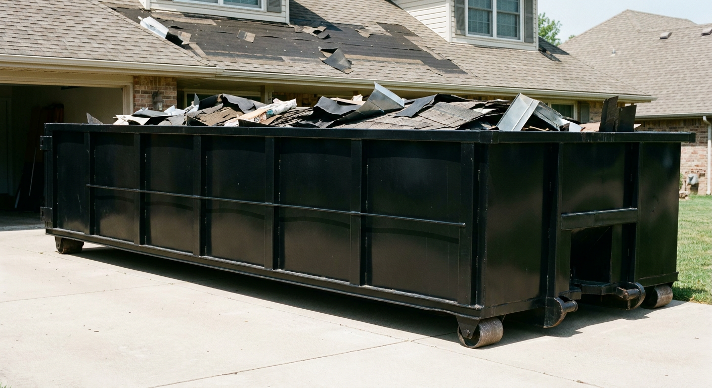 Matte-black 20-yard roofing roll-off dumpster with steel ribbed sides and swinging rear door, sitting directly on the concrete driveway of a two-story Kissimmee home, asphalt shingle debris being loaded over the low wall, clean documentary lighting.