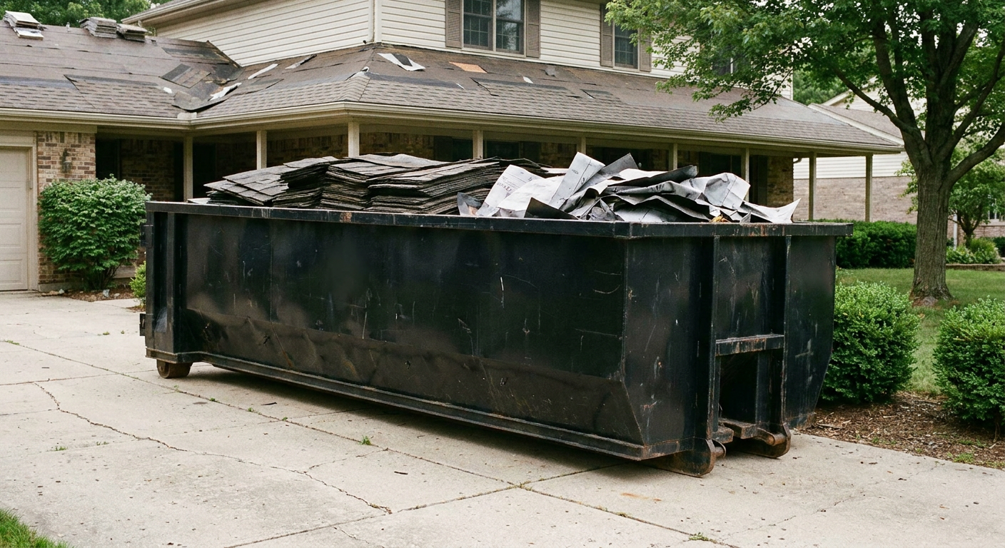 Matte-black 30-yard roofing roll-off dumpster sitting directly on a Kissimmee concrete driveway, taller ribbed steel side panels, mixed tear-off debris of asphalt shingles and underlayment inside, professional documentary daylight.