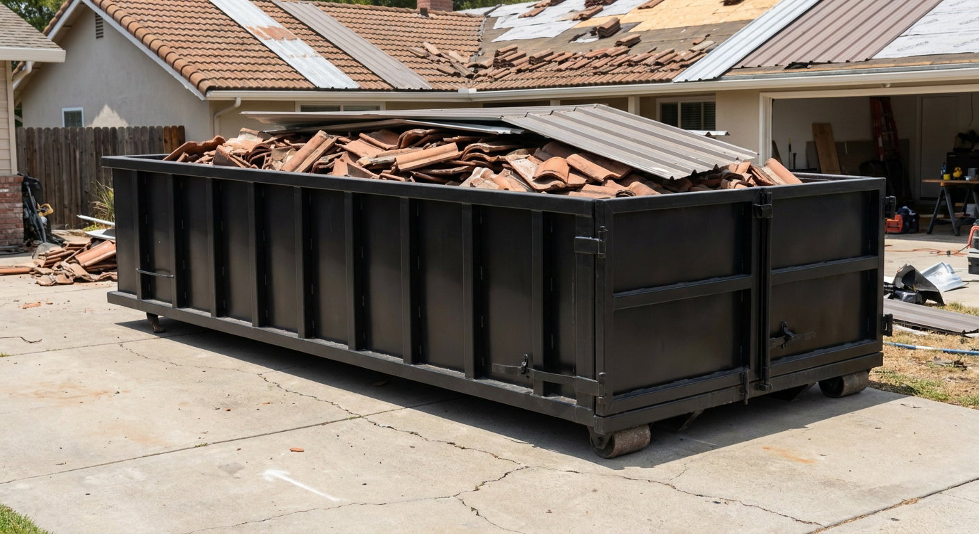 Matte-black low-wall heavy-debris roofing roll-off dumpster sitting directly on a Kissimmee concrete driveway, broken concrete clay roof tiles and metal panel sections loaded inside, reinforced ribbed steel side walls visible, bright outdoor daylight.