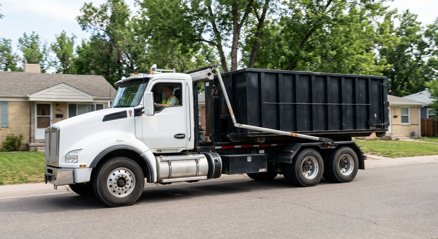 A wide documentary shot of a matte-black roll-off delivery truck pulling onto a quiet Kissimmee residential street at mid-morning, with neighborhood rooftops and tree-lined blocks visible behind, showing the metro coverage footprint.