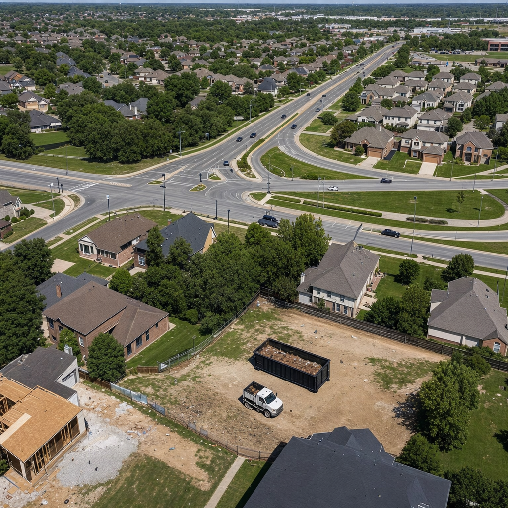 An overhead documentary view of the Kissimmee metro area at midday, showing the spread of neighborhoods, arterial roads, and the dispatch radius from a central yard — clean daylight, organized geographic layout.
