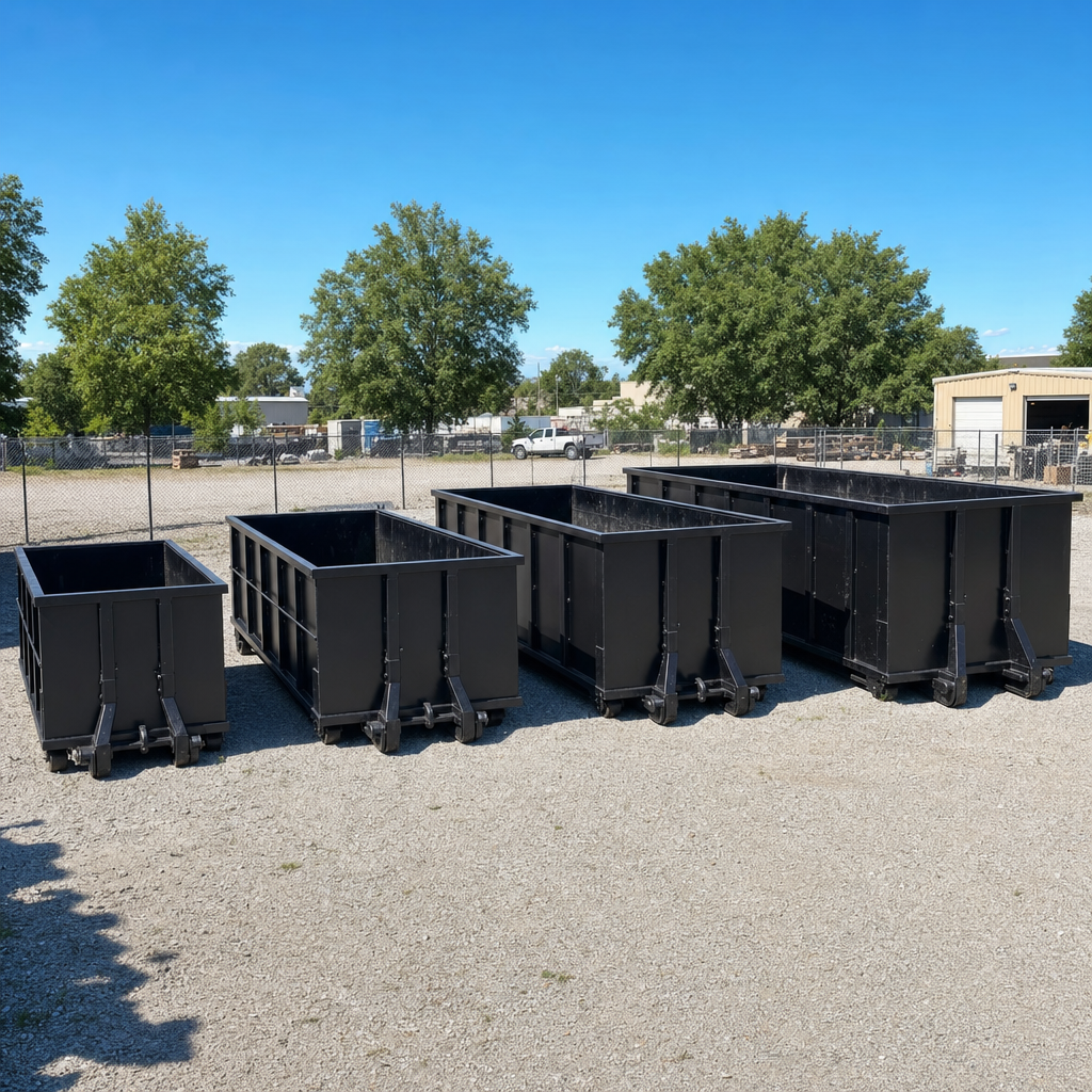 A clean lineup of matte-black roll-off dumpsters in 10, 20, 30, and 40-yard sizes staged on a sunlit gravel yard in Kissimmee, showing the size progression from compact to commercial-scale containers.
