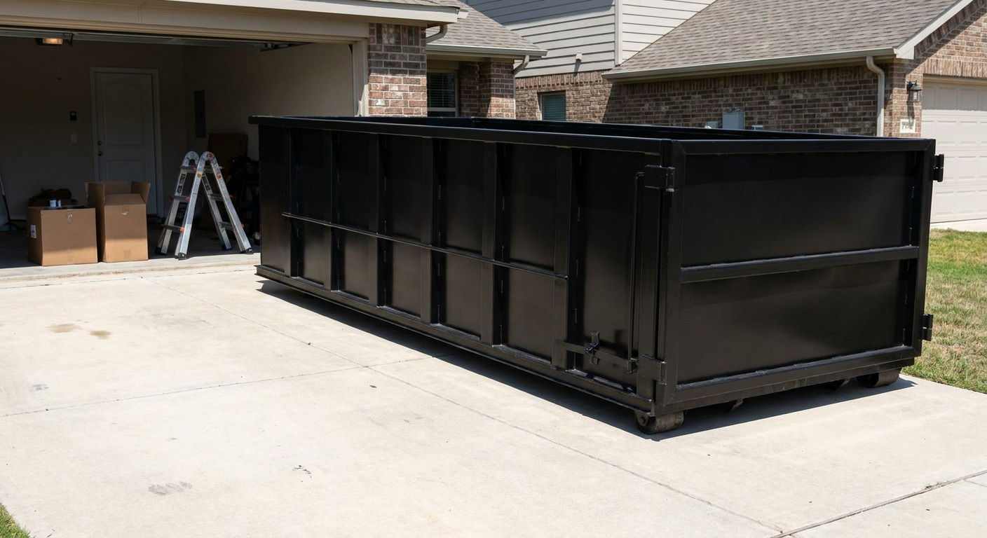 A matte-black 10-yard roll-off dumpster sitting directly on a residential Kissimmee concrete driveway, mid-day sunlight, clean and ready for a garage cleanout.