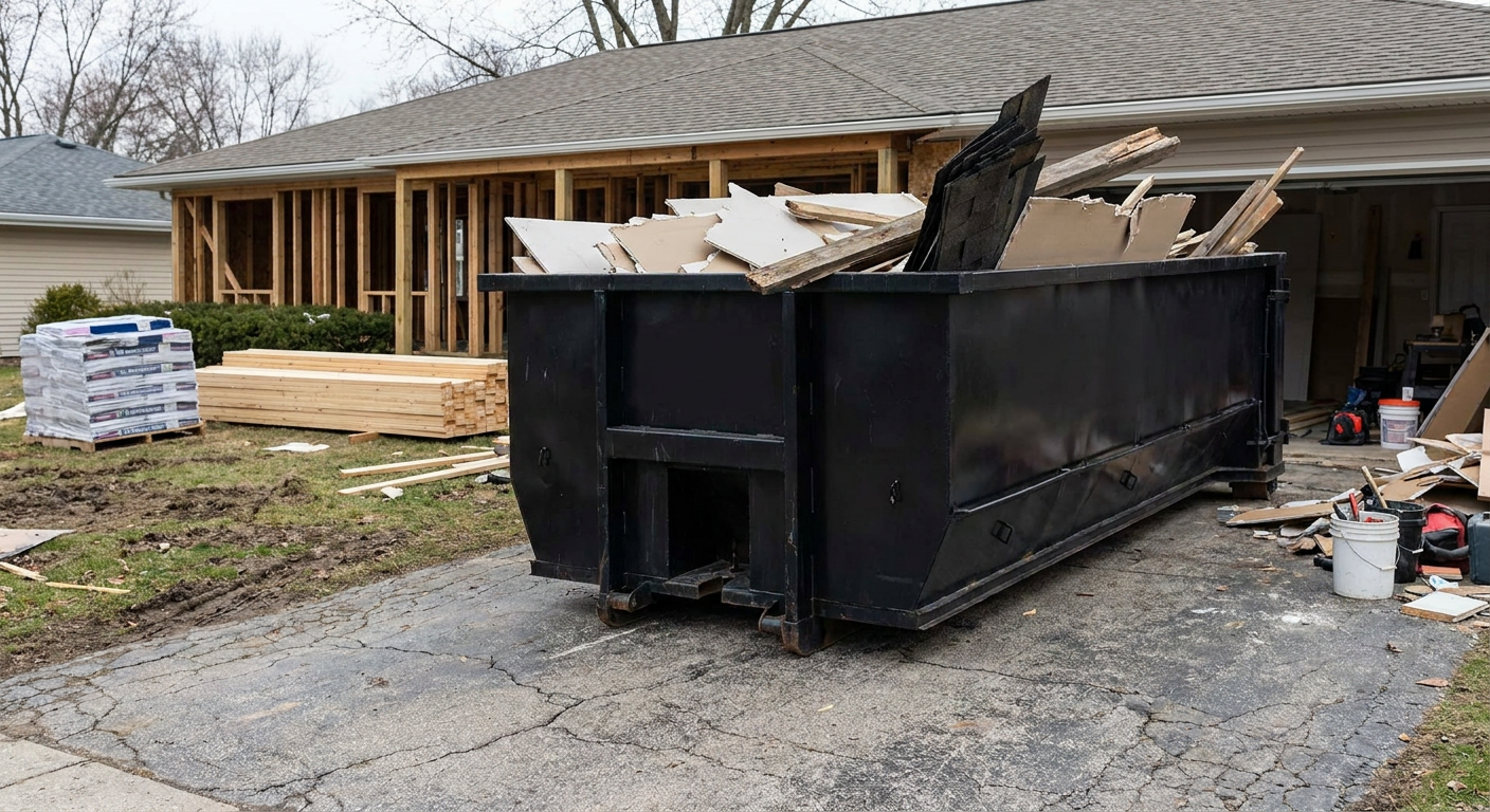A matte-black 20-yard roll-off dumpster placed alongside a mid-renovation Kissimmee home directly on the asphalt driveway, with framing materials and torn-off shingles staged neatly nearby.