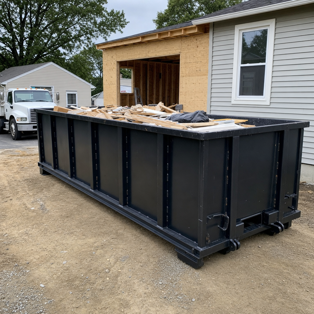 A matte-black 30-yard roll-off dumpster positioned at a Kissimmee residential addition jobsite, with framing lumber and drywall scraps loaded through the open swinging rear doors.