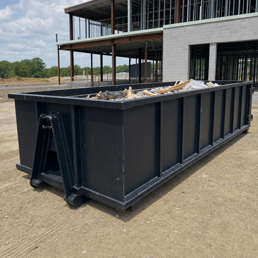 A matte-black 40-yard roll-off dumpster staged on a large Kissimmee commercial construction lot, with a hooklift delivery truck parked alongside under bright midday sky.