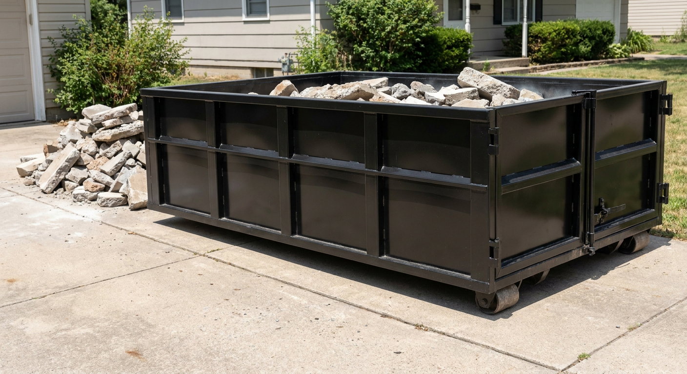 A matte-black low-side heavy-debris roll-off dumpster placed directly on a Kissimmee concrete driveway, with broken concrete chunks neatly stacked beside it under clean daylight.